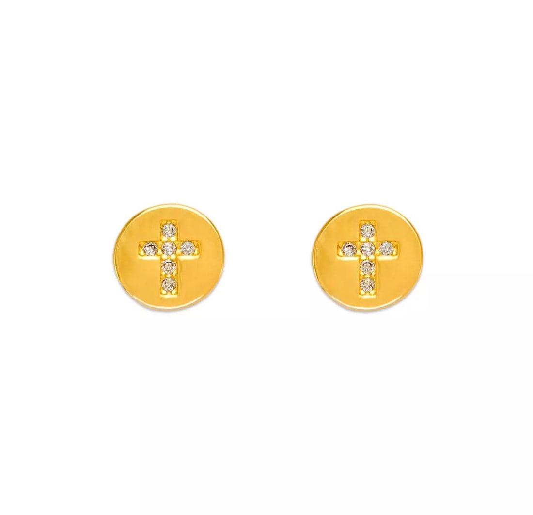 NEW 14K YELLOW GOLD COIN CROSS CZ STUD EARRINGS: NEW 14K YELLOW GOLD COIN CROSS CZ STUD EARRINGS 14K Yellow Gold Approx. 7mm Cubic Zirconia Screw Backing Weight: 2.0 Grams