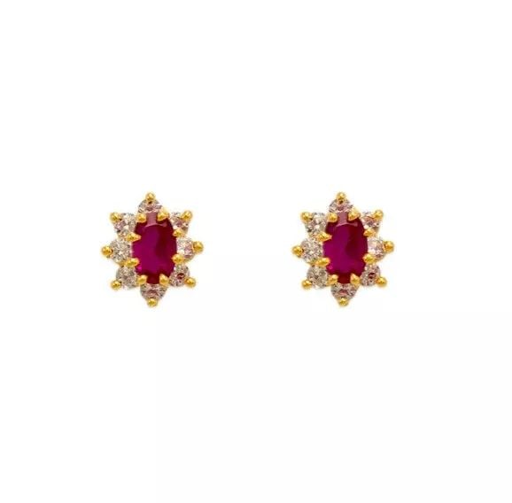 NEW 14K YELLOW GOLD RED FLOWER HALO CZ STUD EARRINGS: NEW 14K YELLOW GOLD RED FLOWER HALO CZ STUD EARRINGS 14K Yellow Gold Approx. 6x8mm Cubic Zirconia Screw Backing Available Colors: Blue, Light Blue, Pink, Purple, White, Yellow Weight: 2.0 Grams