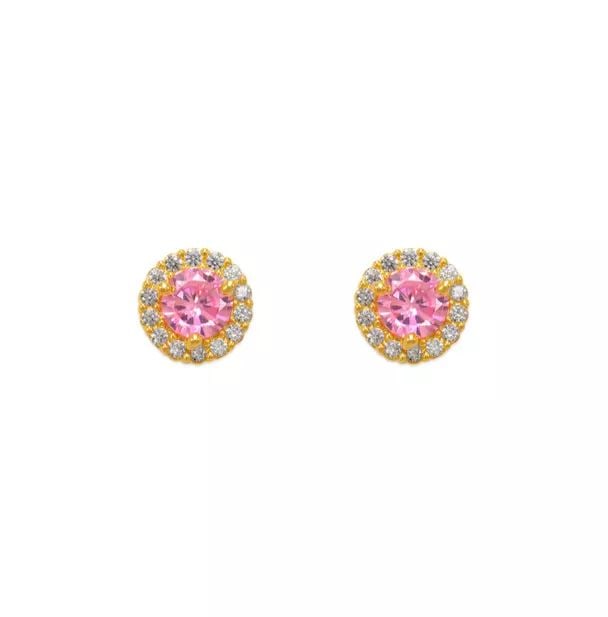 NEW 14K YELLOW GOLD PINK ROUND CZ STUD EARRINGS: NEW 14K YELLOW GOLD PINK ROUND CZ STUD EARRINGS 14K Yellow Gold Approx. 4mm Stone, 6mm Halo Cubic Zirconia Screw Backing Available in Sizes 3mm-4mm Available Colors: Blue, Light Blue, Purple, Red, Whi