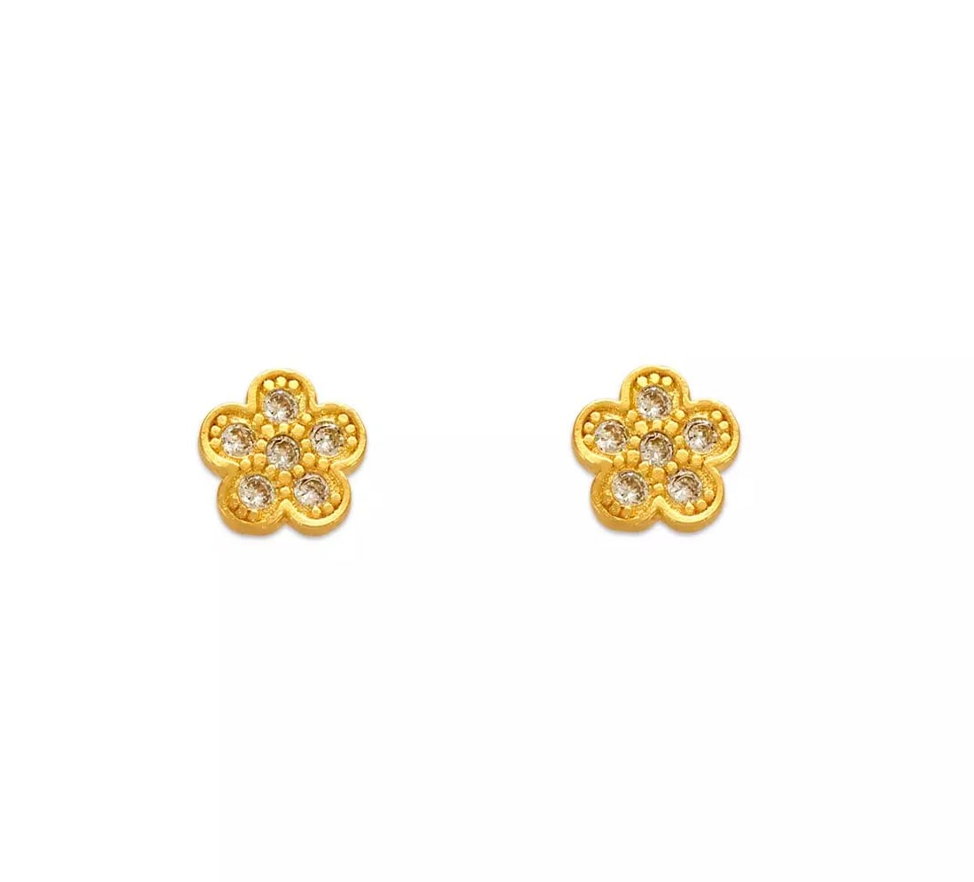 NEW 14K YELLOW GOLD FLOWER PAVE CZ STUD EARRINGS (1 of 2)