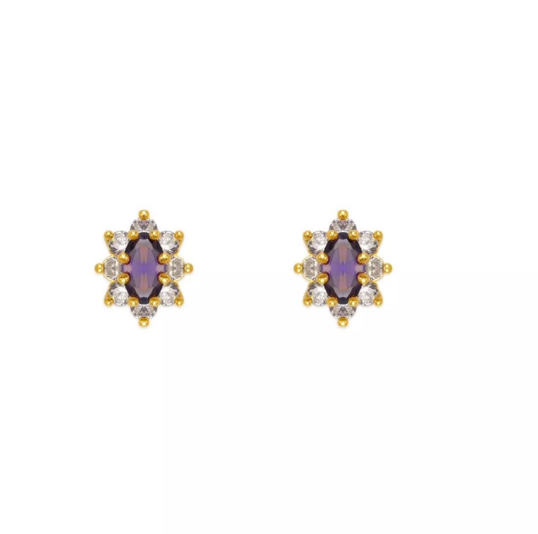 NEW 14K YELLOW GOLD PURPLE FLOWER HALO CZ STUD EARRINGS: NEW 14K YELLOW GOLD PURPLE FLOWER HALO CZ STUD EARRINGS 14K Yellow Gold Approx. 6x8mm Cubic Zirconia Screw Backing Available Colors: Blue, Light Blue, Pink, Red, White, Yellow Weight: 2.0 Grams