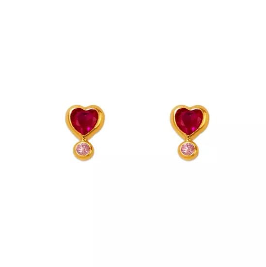 NEW 14K YELLOW GOLD RED HEART BEZEL CZ STUD EARRINGS (1 of 2)