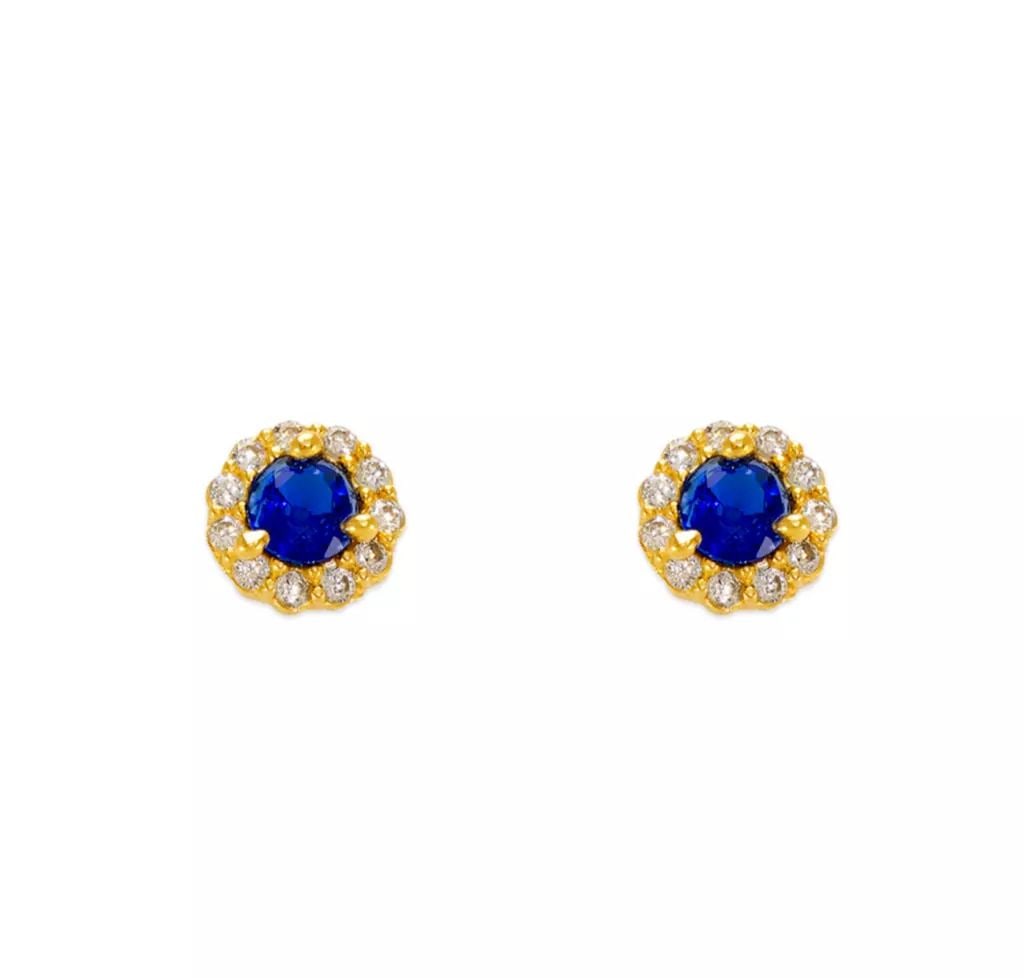 NEW 14K YELLOW GOLD BLUE ROUND CZ STUD EARRINGS (1 of 2)