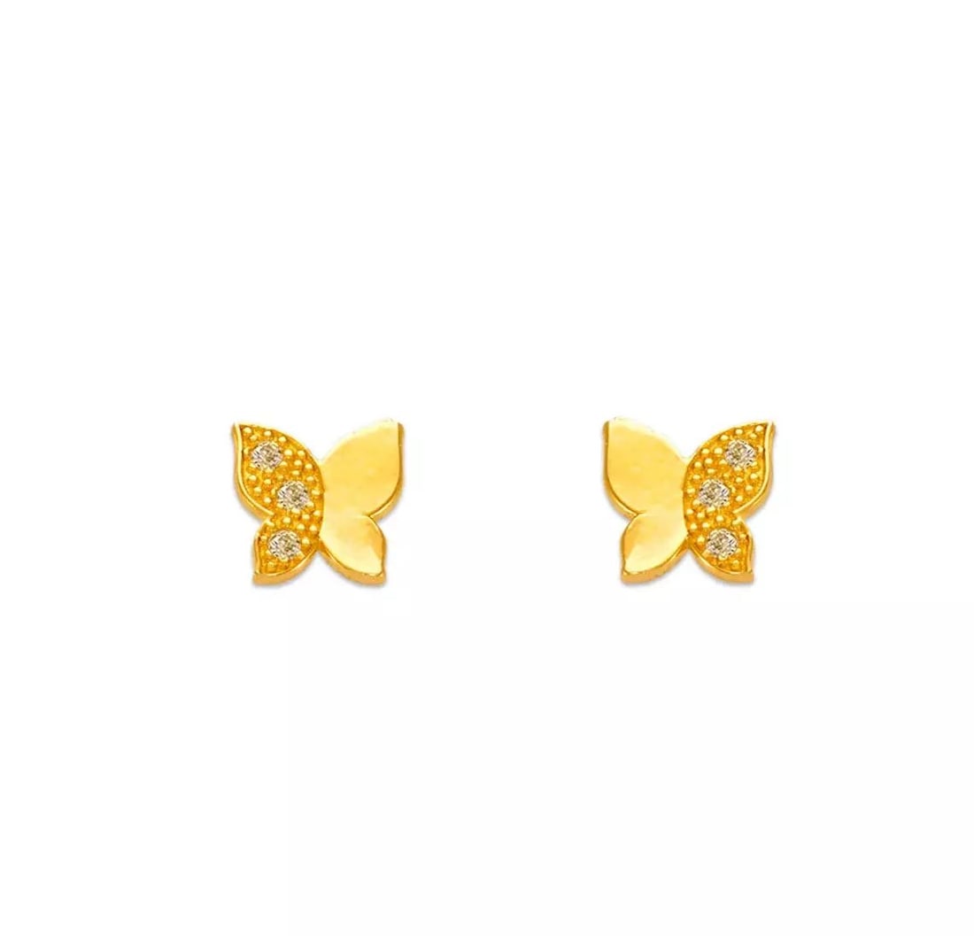 NEW 14K YELLOW GOLD BUTTERFLY PAVED CZ STUD EARRINGS (1 of 2)