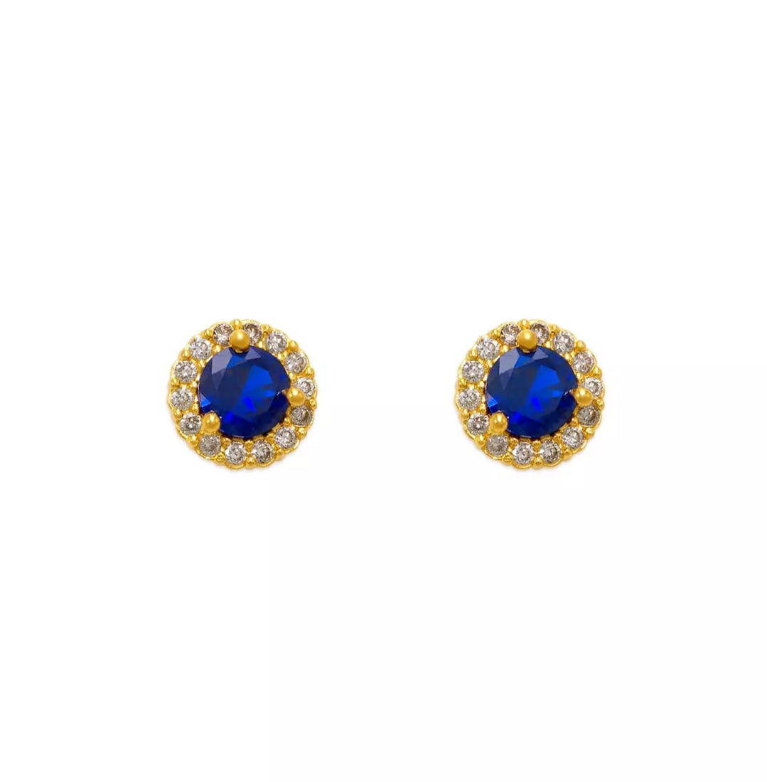 NEW 14K YELLOW GOLD BLUE ROUND CZ STUD EARRINGS (1 of 2)