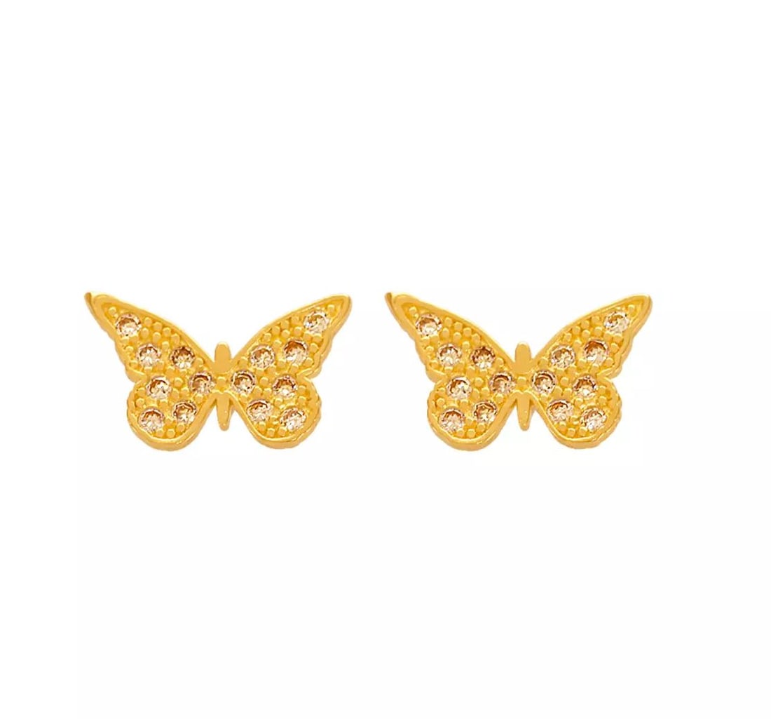 NEW 14K YELLOW GOLD BUTTERFLY PAVE CZ STUD EARRINGS (1 of 2)