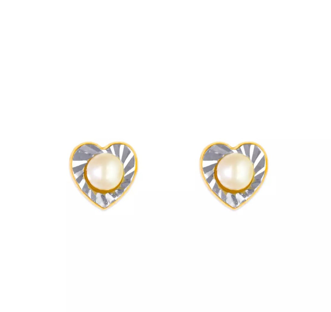 NEW 14K TWO TONE GOLD HEART AND PEARL STUD EARRINGS: NEW 14K TWO TONE GOLD HEART AND PEARL STUD EARRINGS 14K Two Tone Gold Approx. 7x7mm Screw Backing Weight: 2.0 Grams