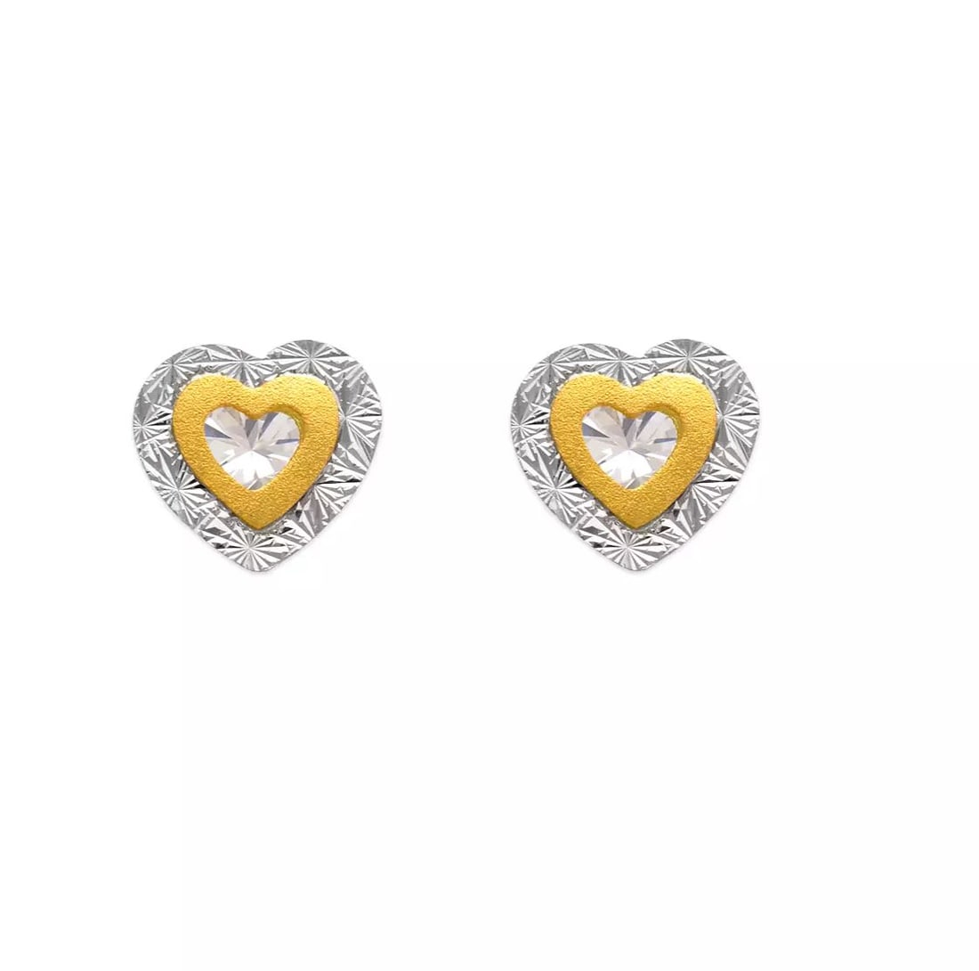 NEW 14K TWO TONE GOLD DOUBLE HEART CZ STUD EARRINGS (1 of 2)