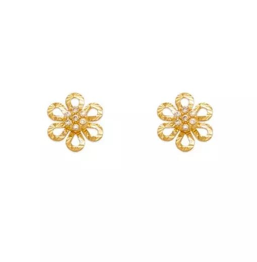 NEW 14K YELLOW GOLD DIAMOND CUT FLOWER CZ STUD EARRINGS (1 of 2)