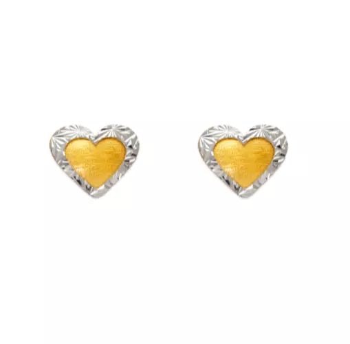 NEW 14K TWO TONE GOLD DIAMOND CUT HEART STUD EARRINGS (1 of 2)