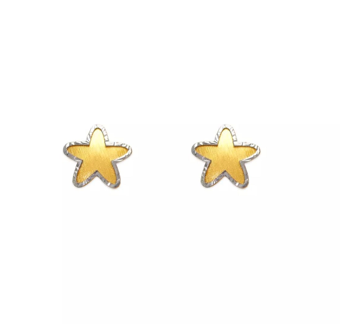NEW 14K TWO TONE GOLD DIAMOND CUT STAR STUD EARRINGS (1 of 2)