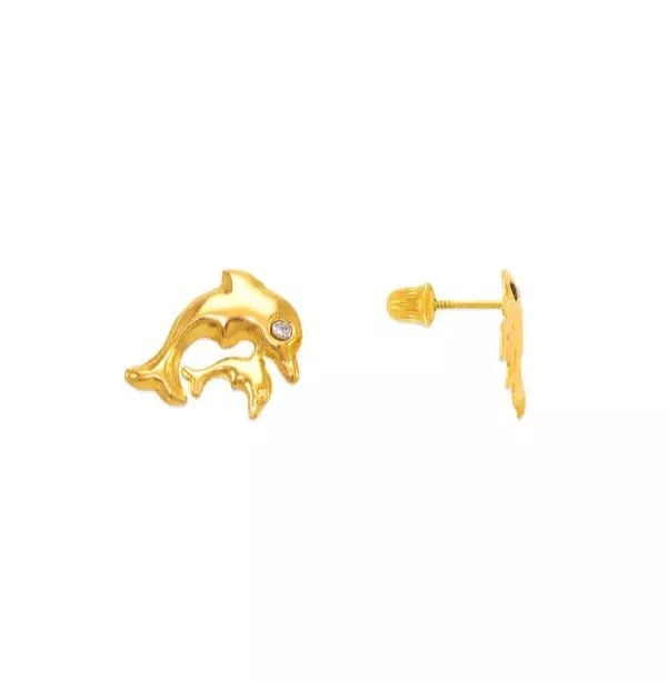 NEW 14K YELLOW GOLD DOUBLE DOPHIN CZ STUD EARRINGS (1 of 2)