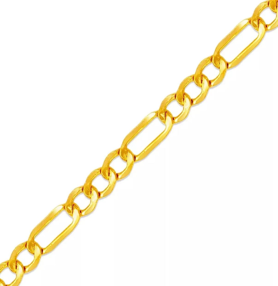 NEW 14K YELLOW GOLD HOLLOW FIGARO CHAIN NECKLACE: NEW 14K YELLOW GOLD HOLLOW FIGARO CHAIN NECKLACE 14K Yellow Gold Apx Weight 2.0mm 18" = 1.8g 2.6mm 18" = 2.6g 3.4mm 18" = 4.0g 4.4mm 18" = 1.6g 5.1mm 18" = 1.6g 6.1mm 18" = 1.6g 7.7mm 18" = 1.6g 9.0mm