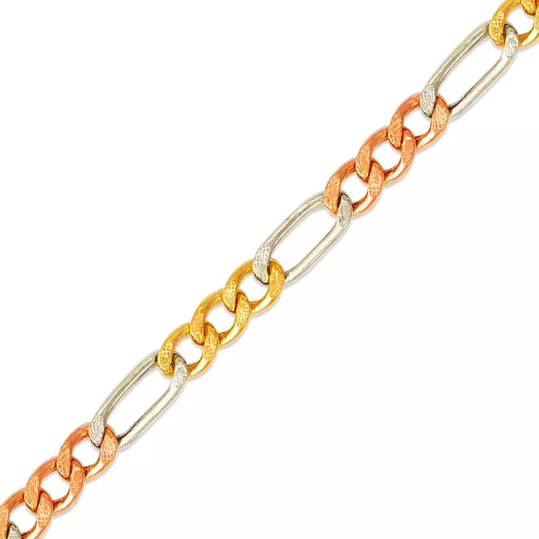 NEW 14K TRI COLOR GOLD HOLLOW FIGARO CHAIN NECKLACE: NEW 14K TRI COLOR GOLD HOLLOW FIGARO CHAIN NECKLACE 14K Tri Color Gold Apx Weight 2.6mm 18" = 2.5g 3.3mm 18" = 4.1g 4.4mm 18" = 6.4g 5.1mm 18" = 2.3g High Polished Hollow Lobster Lock Available in Whi
