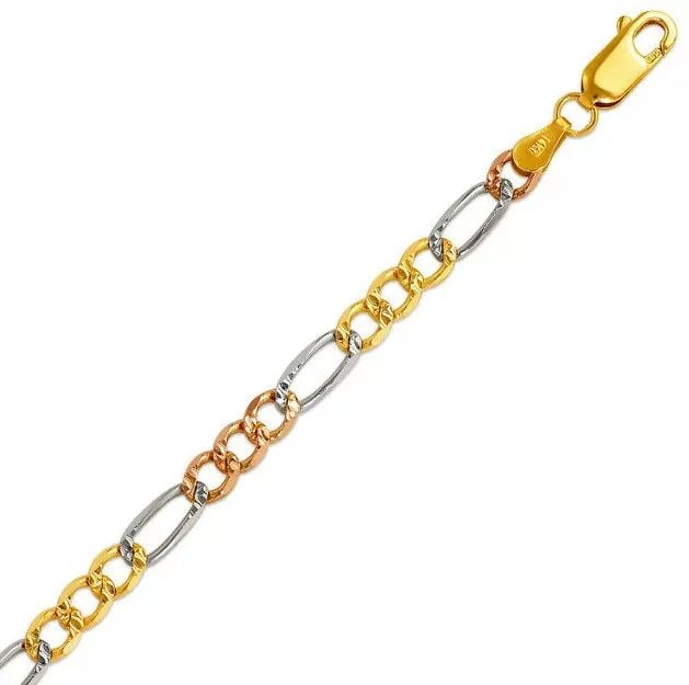 NEW 14K TRI COLOR GOLD FIGARO X-LIGHT CHAIN NECKLACE: NEW 14K TRI COLOR GOLD FIGARO X-LIGHT CHAIN NECKLACE 14K Tri color Gold Apx Weight 2.5mm 18" = 4.9g 3.0mm 18" =7.3g 4.0mm 18" = 11.0g 5.0mm 18" = 14.7g 6.0mm 18" = 4.4g High Polished Lobster Lock Avai