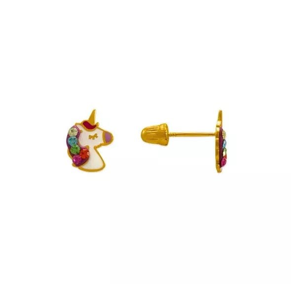 NEW 14K YELLOW GOLD ENAMEL UNICORN STUD EARRINGS: NEW 14K YELLOW GOLD ENAMEL UNICORN STUD EARRINGS 14K Yellow Gold Approx. 7.5x4mm Enamel/Cubic Zirconia Screw Backing Weight: 2.0 Grams