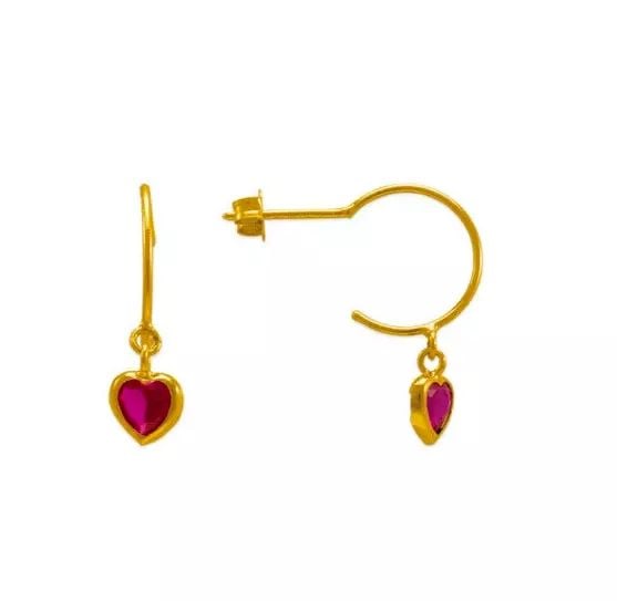 NEW 14K YELLOW GOLD DANGLING RED HEART CZ STUD EARRINGS (1 of 2)