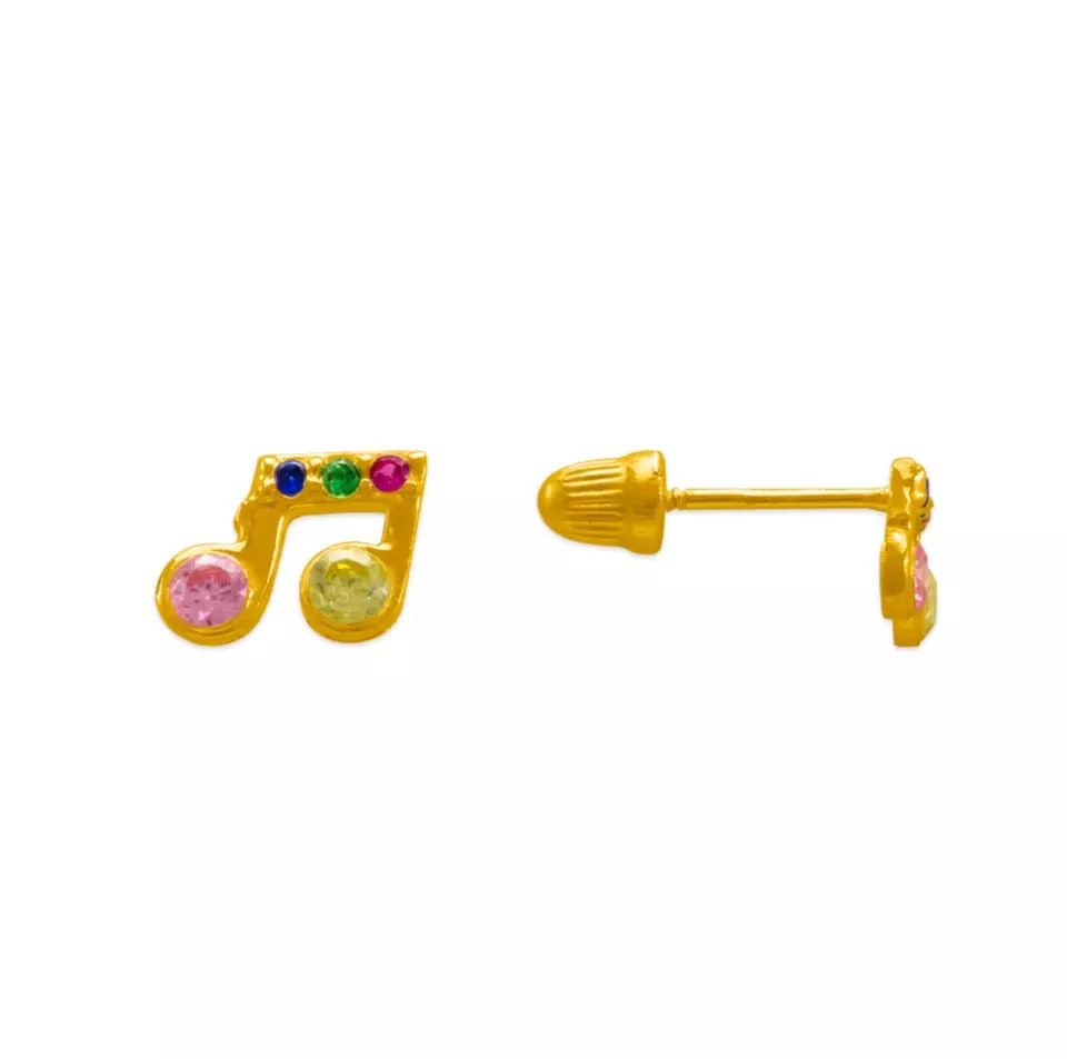 NEW 14K YELLOW GOLD RAINBOW MUSIC NOTES CZ STUD EARRINGS: NEW 14K YELLOW GOLD RAINBOW MUSIC NOTES CZ STUD EARRINGS 14K Yellow Gold Approx. Left: 6.5mm/Right: 2.5x5mm Cubic Zirconia Screw Backing Weight: 2.0 Grams