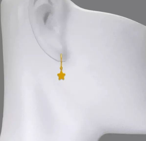 NEW 14K YELLOW GOLD DANGLING STAR STUD EARRINGS: NEW 14K YELLOW GOLD DANGLING STAR STUD EARRINGS 14K Yellow Gold Approx. 10mm Hoop Diameter/6.5mm Charm High Polished Push Backing Weight: 2.0 Grams