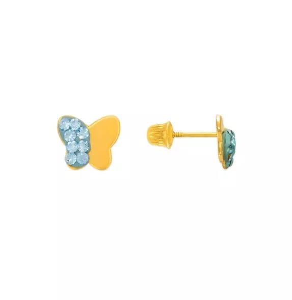 NEW 14K YELLOW GOLD BLUE BUTTERFLY ENAMEL CZ STUD EARRINGS (1 of 2)
