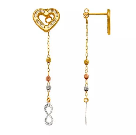 NEW 14K TRICOLOR GOLD HEART DANGLING CZ CUFF EARRINGS: NEW 14K TRICOLOR GOLD HEART DANGLING CZ CUFF EARRINGS 14K Tricolor Gold Approx. 12x55mm Diamond Cut/Cubic Zirconia Push Backing Weight: 2.0 Grams