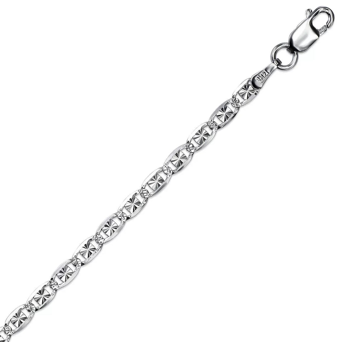 NEW 14K WHITE GOLD VALENTINO D/C CHAIN NECKLACE: NEW 14K WHITE GOLD VALENTINO D/C CHAIN NECKLACE 14K White Gold Apx Weight 2.0mm 18" = 1.3g 2.7mm 18" = 2.3g Diamond Cut Lobster Lock Available in Tricolor Gold