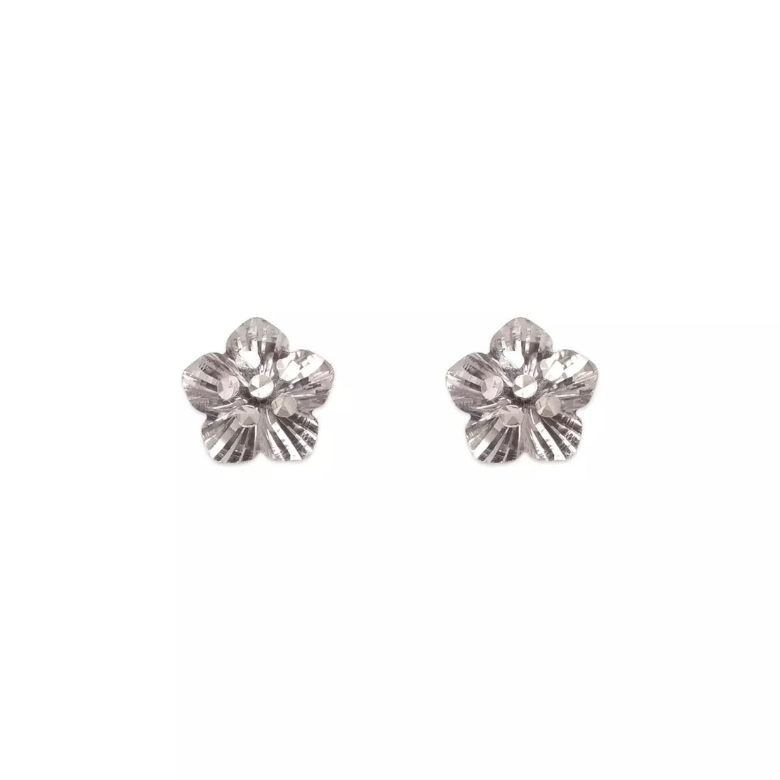 NEW 14K WHITE DIAMOND CUT FLOWER STUD EARRINGS: NEW 14K WHITE DIAMOND CUT FLOWER STUD EARRINGS 14K White Gold Approx. 8mm High Polished/Diamond Cut Available in Two Tone Gold Weight: 1.0 Grams