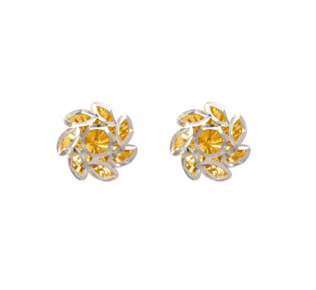 NEW 14K TWO TONE GOLD SMALL DIAMOND CUT FLOWER STUD EARRINGS (1 of 2)