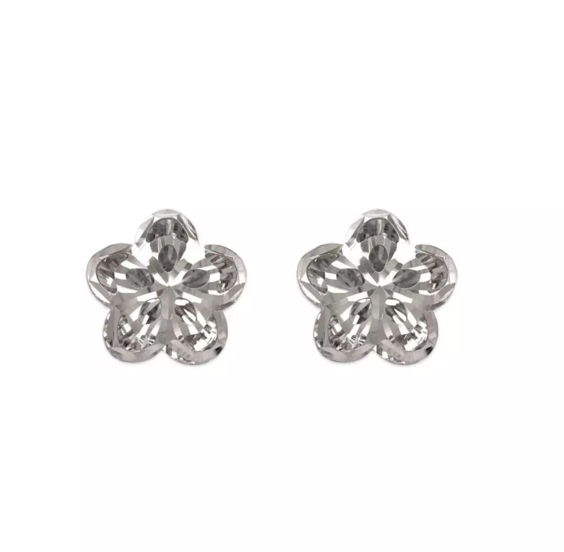NEW 14K WHITE GOLD DIAMOND CUT FLOWER STUD EARRINGS (1 of 2)