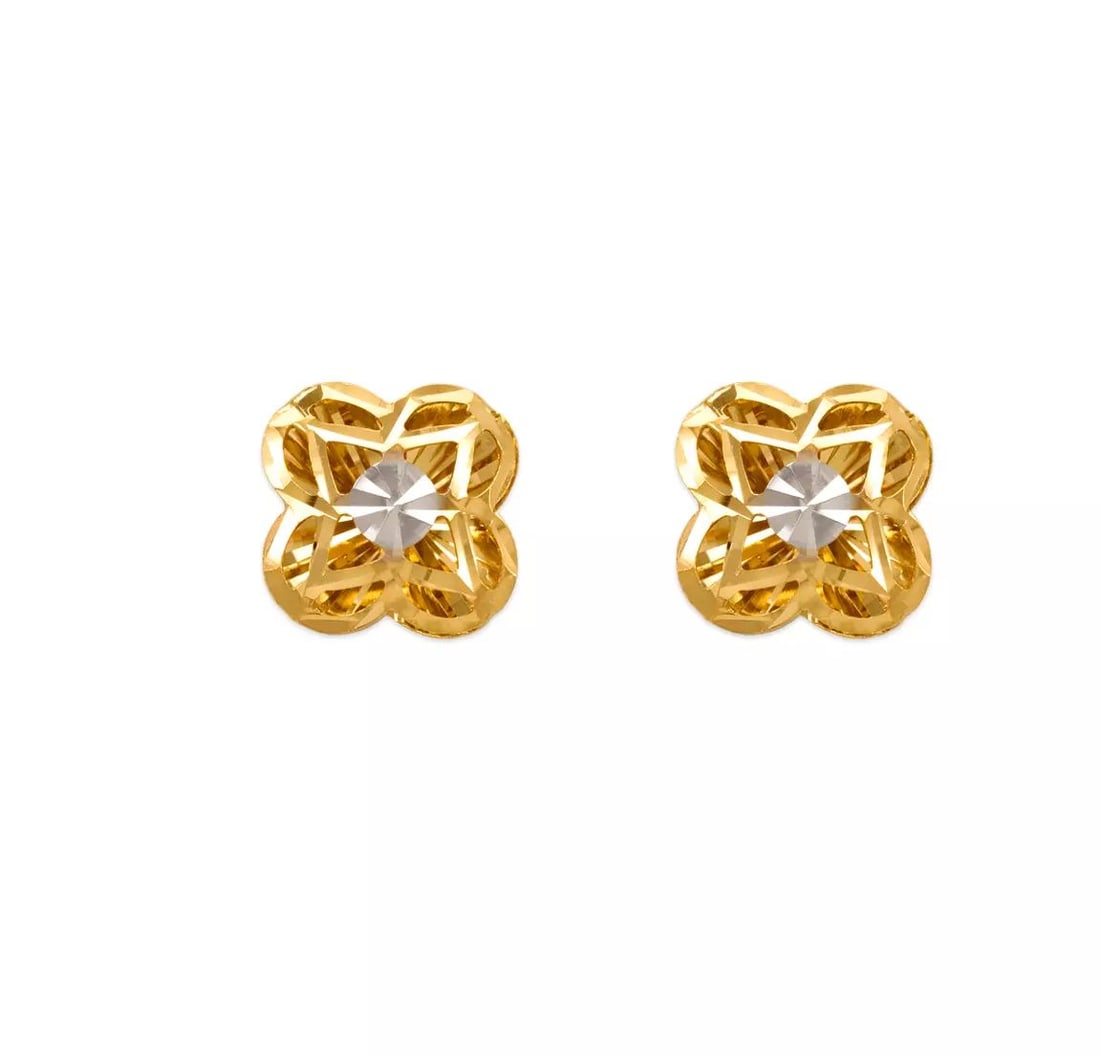 NEW 14K TWO TONE GOLD DIAMOND CUT FLOWER STUD EARRINGS: NEW 14K TWO TONE GOLD DIAMOND CUT FLOWER STUD EARRINGS 14K Two Tone Gold Approx. 9mm High Polished/Diamond Cut Available in White Gold 1.1 Grams