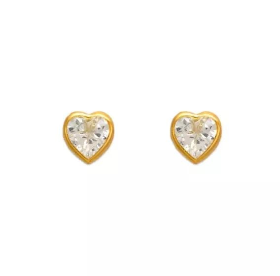 NEW 14K YELLOW GOLD HEART BEZEL CZ STUD EARRINGS: NEW 14K YELLOW GOLD HEART BEZEL CZ STUD EARRINGS 14K Yellow Gold Approx. 6mm High Polished/Cubic Zirconia Screw Backing Available in Sizes 4mm-6mm Weight: 2.0 Grams