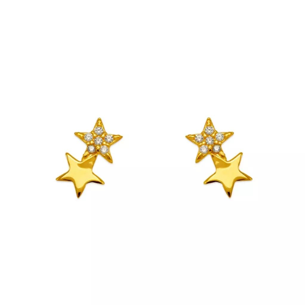 NEW 14K YELLOW GOLD DOUBLE STAR PAVE CZ STUD EARRINGS: NEW 14K YELLOW GOLD DOUBLE STAR PAVE CZ STUD EARRINGS 14K Yellow Gold Approx. 5x9mm Cubic Zirconia Screw Backing Weight: 2.0 Grams
