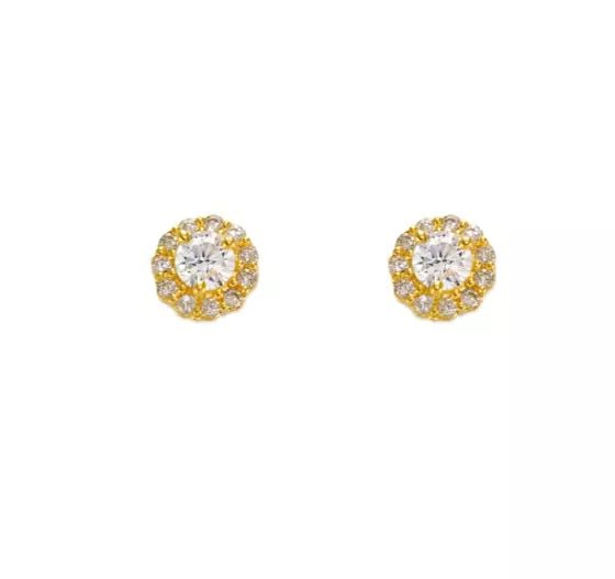 NEW 14K YELLOW GOLD WHITE ROUND CZ STUD EARRINGS: NEW 14K YELLOW GOLD WHITE ROUND CZ STUD EARRINGS 14K Yellow Gold Approx. 3mm Stone, 5mm Halo Cubic Zirconia Screw Backing Available in Sizes 3mm-4mm Available Colors: Blue, Pink, Purple, Red Weight: 2