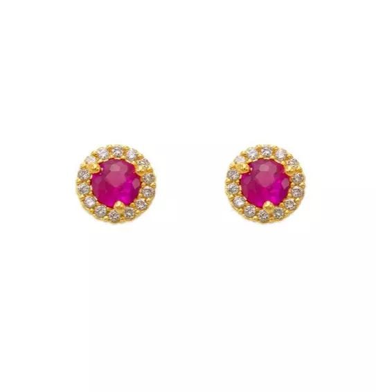NEW 14K YELLOW GOLD RED ROUND CZ STUD EARRINGS (1 of 2)