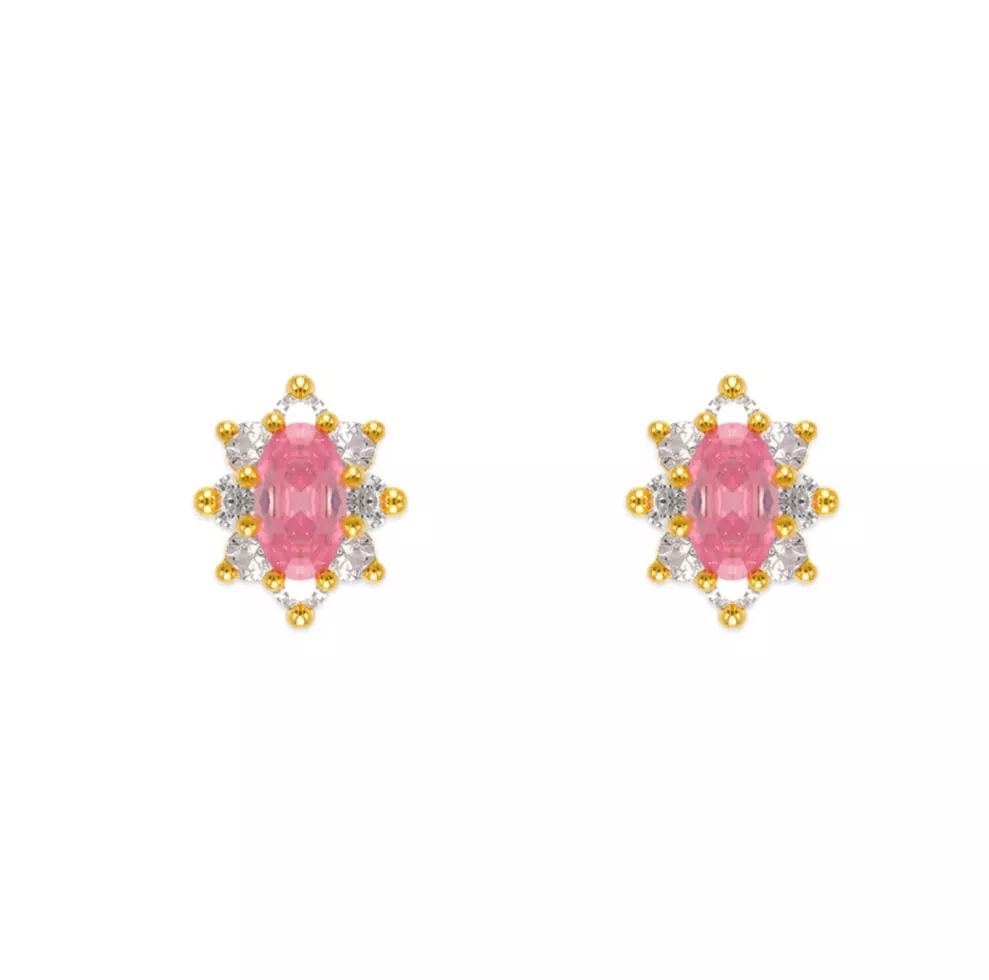 NEW 14K YELLOW GOLD PINK FLOWER HALO CZ STUD EARRINGS: NEW 14K YELLOW GOLD PINK FLOWER HALO CZ STUD EARRINGS 14K Yellow Gold Approx. 6x8mm Cubic Zirconia Screw Backing Available Colors: Blue, Light Blue, Purple, Red, White, Yellow Weight: 2.0 Grams