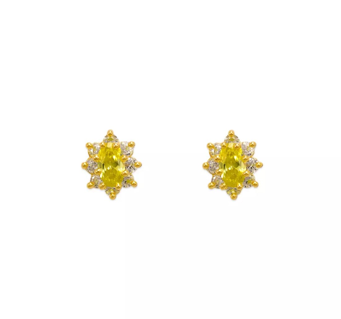 NEW 14K YELLOW GOLD FLOWER HALO CZ STUD EARRINGS: NEW 14K YELLOW GOLD FLOWER HALO CZ STUD EARRINGS 14K Yellow Gold Approx. 6x8mm Cubic Zirconia Screw Backing Available Colors: Blue, Light Blue, Pink, Purple, Red, White Weight: 2.0 Grams