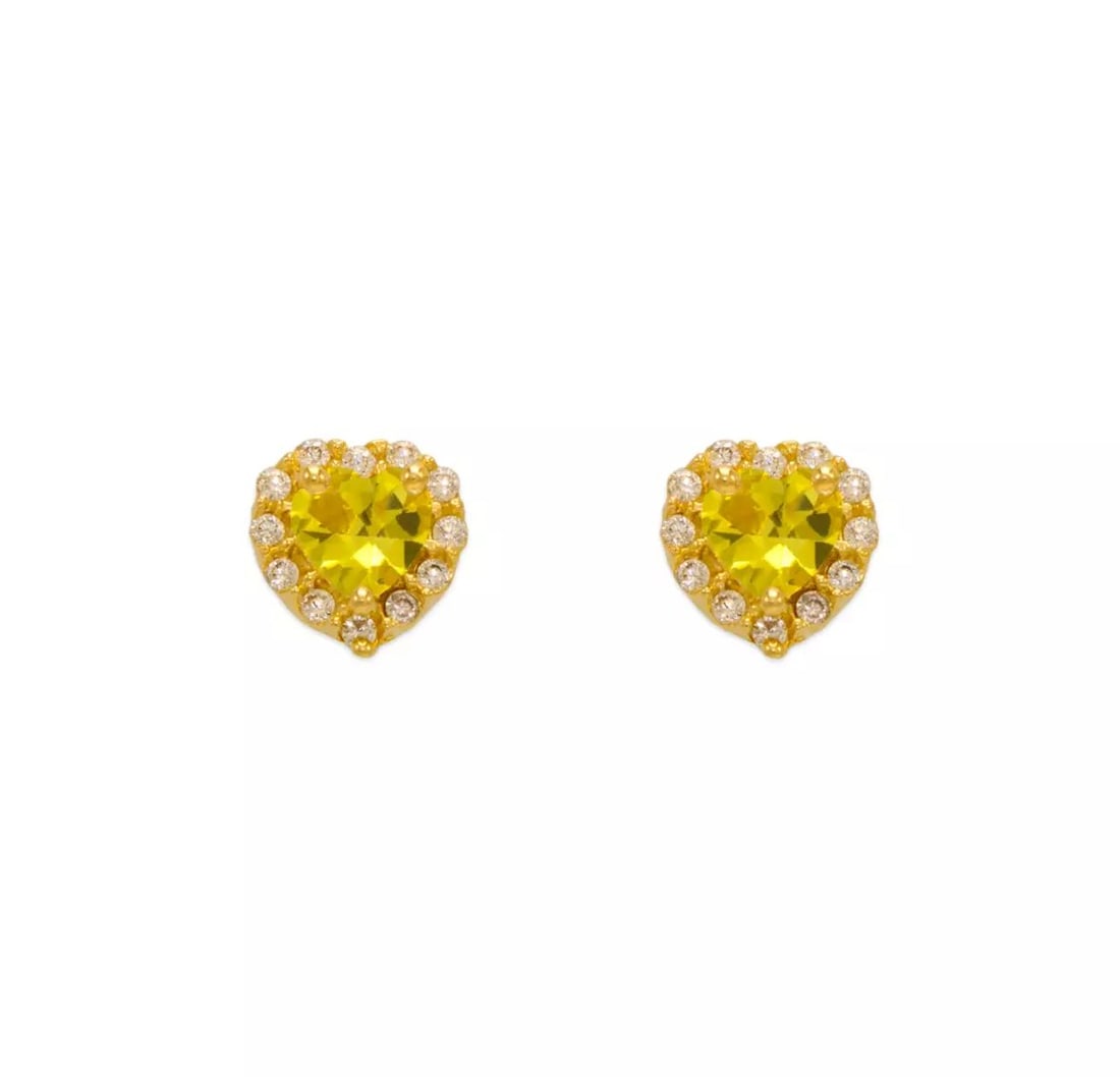 NEW 14K YELLOW GOLD YELLOW HEART CZ STUD EARRINGS: NEW 14K YELLOW GOLD YELLOW HEART CZ STUD EARRINGS 14K Yellow Gold Approx. 4mm Stone, 6x7mm Total Cubic Zirconia Screw Backing Available Colors: Blue, Light Blue, Pink, Purple, Red, White Weight: 2.0 G