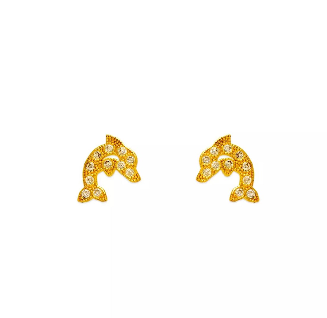 NEW 14K YELLOW GOLD DOLPHIN PAVE CZ STUD EARRINGS: NEW 14K YELLOW GOLD DOLPHIN PAVE CZ STUD EARRINGS 14K Yellow Gold Approx. 7x8mm Cubic Zirconia Screw Backing Weight: 2.0 Grams