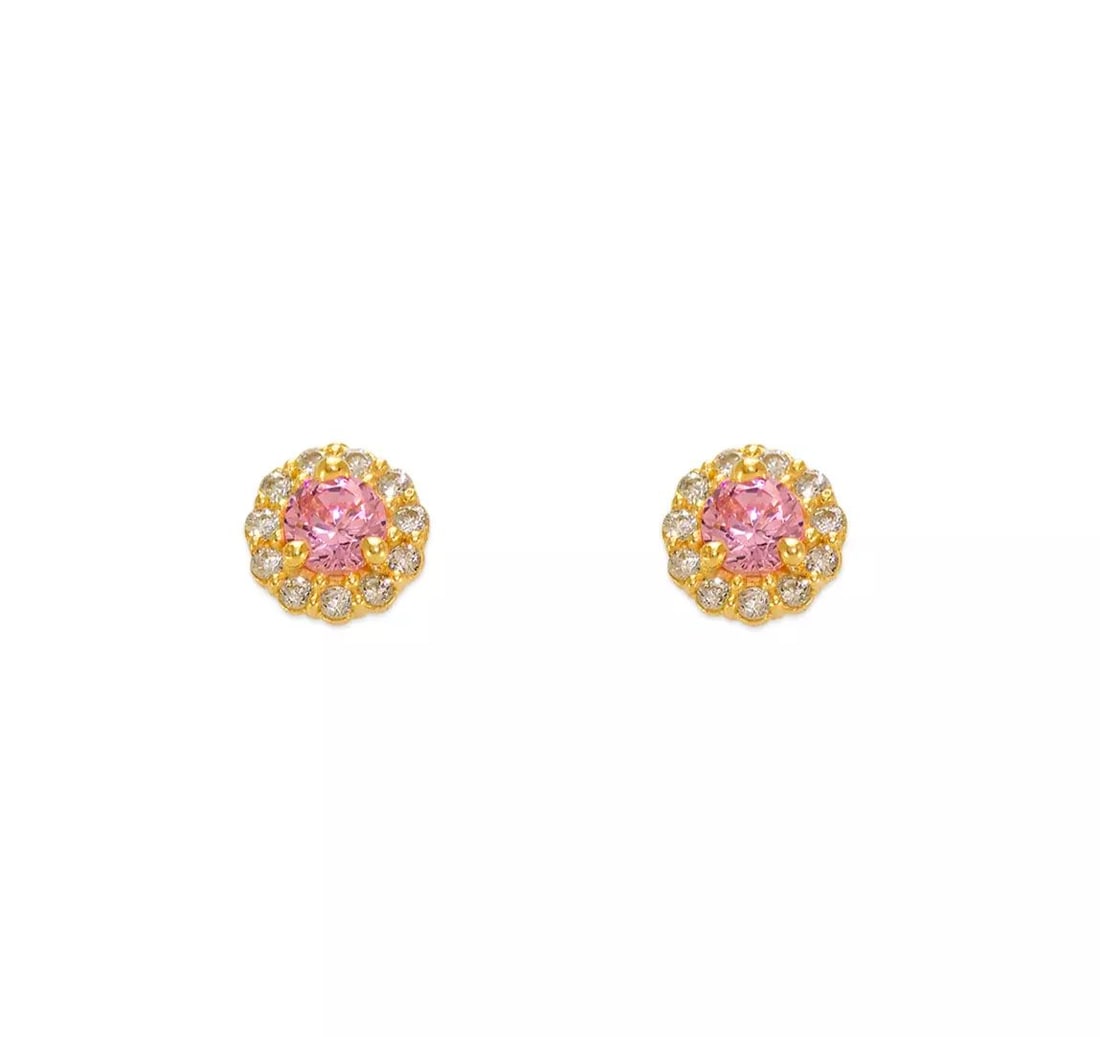NEW 14K YELLOW GOLD PINK ROUND CZ STUD EARRINGS: NEW 14K YELLOW GOLD PINK ROUND CZ STUD EARRINGS 14K Yellow Gold Approx. 3mm Stone, 5mm Halo Cubic Zirconia Screw Backing Available in Sizes 3mm-4mm Available Colors: Blue, Purple, Red, White Weight: 2