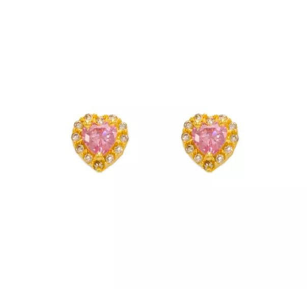 NEW 14K YELLOW GOLD PINK HEART CZ STUD EARRINGS (1 of 2)