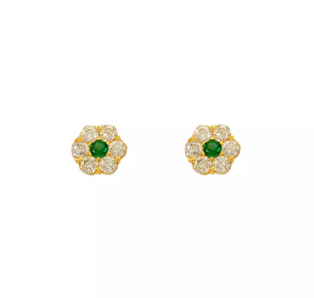 NEW 14K YELLOW GOLD GREEN FLOWER CZ STUD EARRINGS (1 of 2)