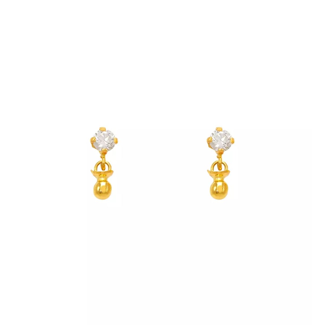 NEW 14K YELLOW GOLD DANGLING PACIFIER CZ STUD EARRINGS: NEW 14K YELLOW GOLD DANGLING PACIFIER CZ STUD EARRINGS 14K Yellow Gold Approx. 3x10mm Cubic Zirconia Screw Backing Weight: 2.0 Grams