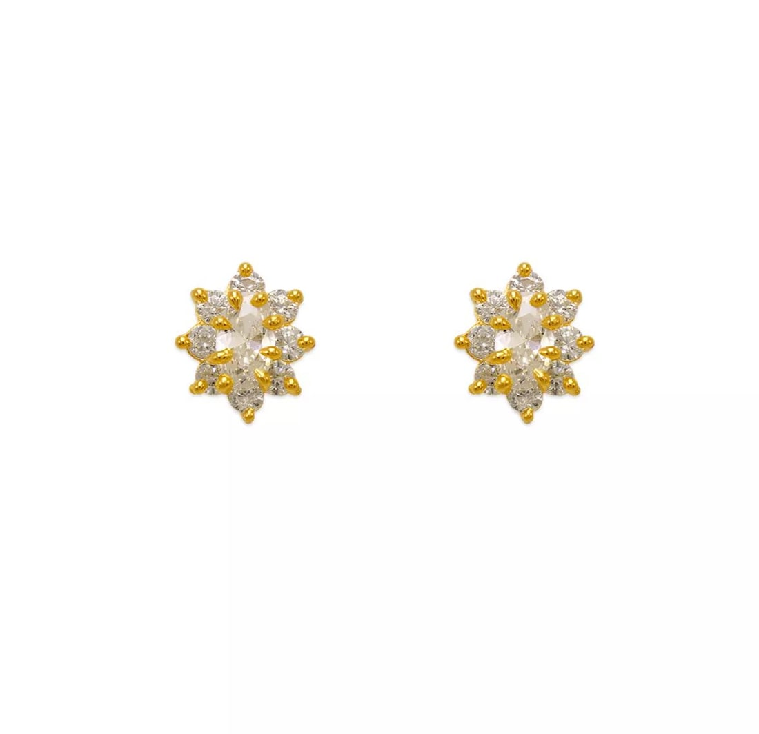 NEW 14K YELLOW GOLD WHITE FLOWER HALO CZ STUD EARRINGS: NEW 14K YELLOW GOLD WHITE FLOWER HALO CZ STUD EARRINGS 14K Yellow Gold Approx. 6x8mm Cubic Zirconia Screw Backing Available Colors: Blue, Light Blue, Pink, Purple, Red, Yellow Weight: 2.0 Grams