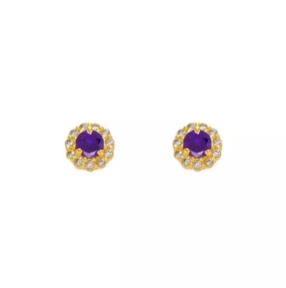 NEW 14K YELLOW GOLD PURPLE ROUND CZ STUD EARRINGS: NEW 14K YELLOW GOLD PURPLE ROUND CZ STUD EARRINGS 14K Yellow Gold Approx. 3mm Stone, 5mm Halo Cubic Zirconia Screw Backing Available in Sizes 3mm-4mm Available Colors: Blue, Pink, Red, White Weight: 2