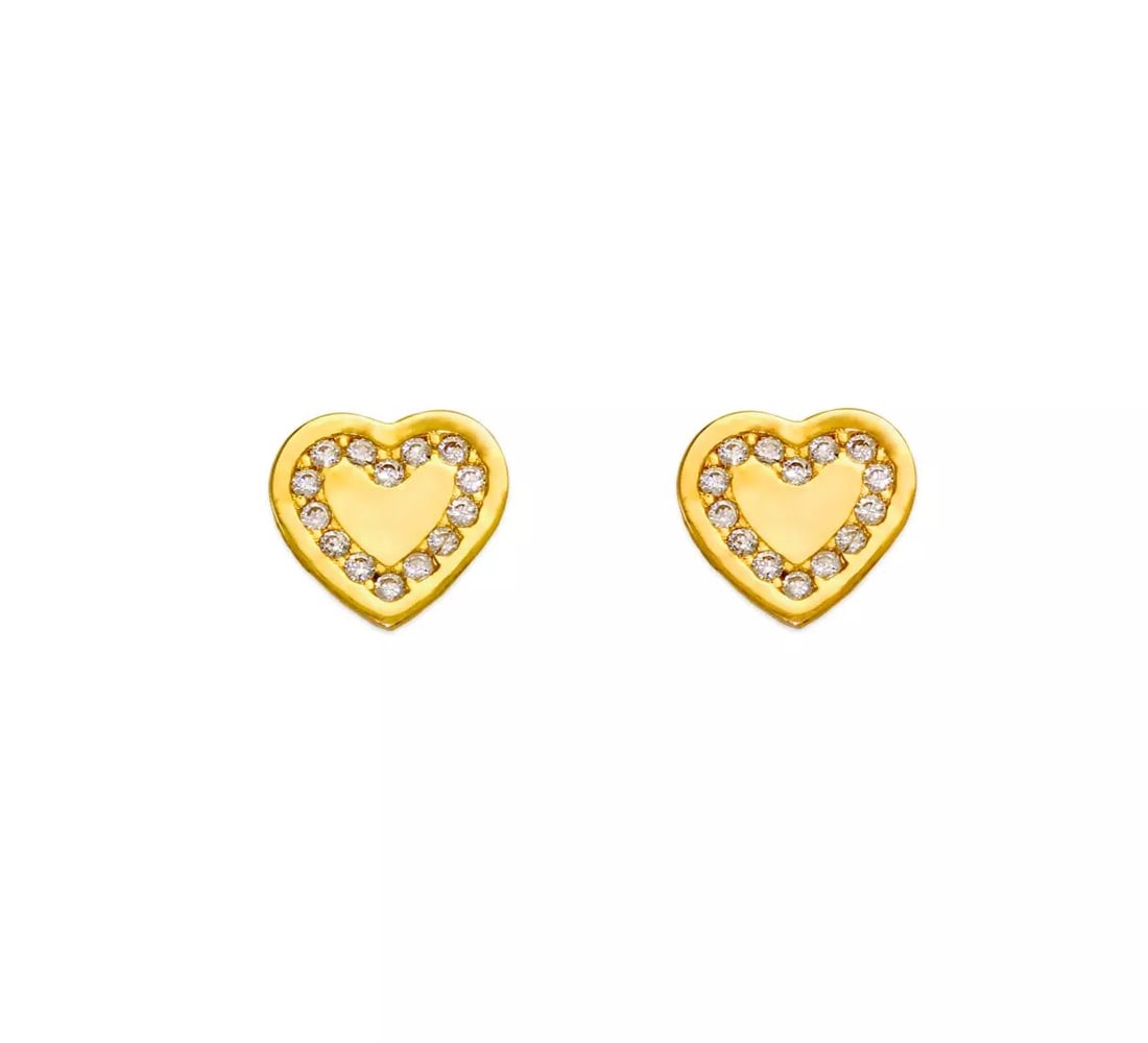 NEW 14K YELLOW GOLD COIN HEART CZ STUD EARRINGS (1 of 2)