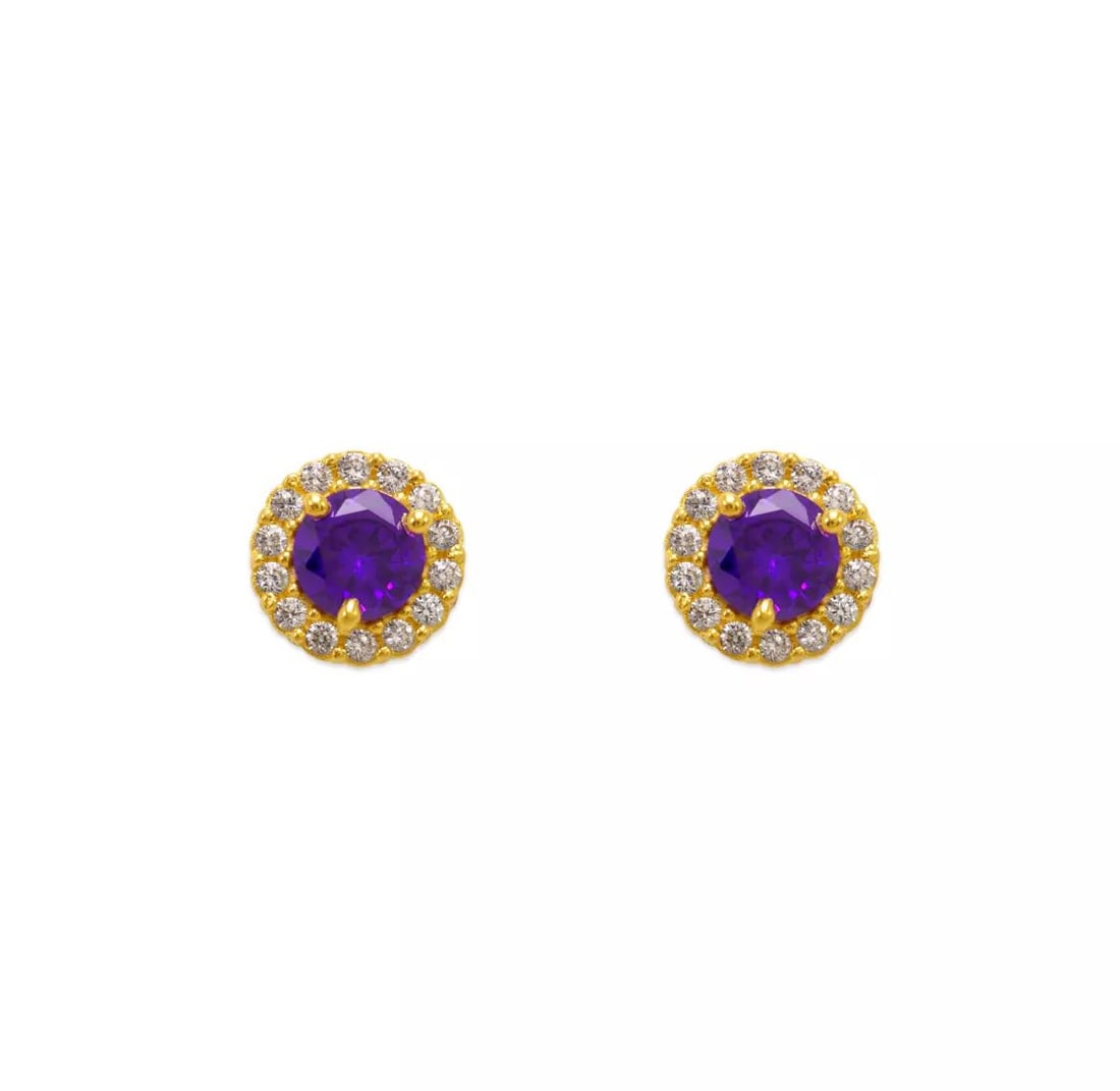 NEW 14K YELLOW GOLD PURPLE ROUND CZ STUD EARRINGS: NEW 14K YELLOW GOLD PURPLE ROUND CZ STUD EARRINGS 14K Yellow Gold Approx. 4mm Stone, 6mm Halo Cubic Zirconia Screw Backing Available in Sizes 3mm-4mm Available Colors: Blue, Light Blue, Pink, Red, Yel