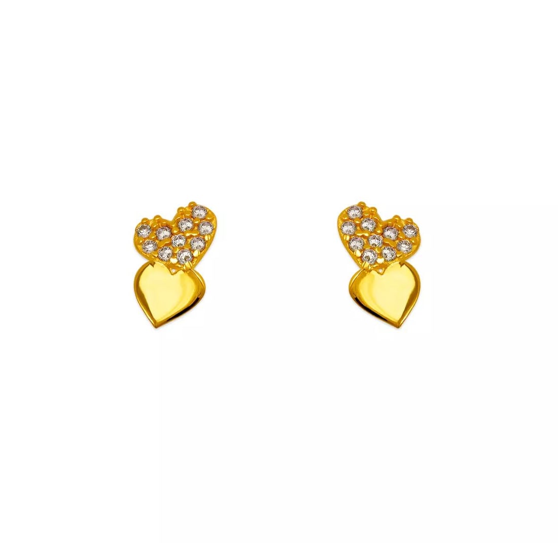 NEW 14K YELLOW GOLD DOUBLE HEART PAVE CZ STUD EARRINGS: NEW 14K YELLOW GOLD DOUBLE HEART PAVE CZ STUD EARRINGS 14K Yellow Gold Approx. 5x9mm Cubic Zirconia Screw Backing Weight: 2.0 Grams