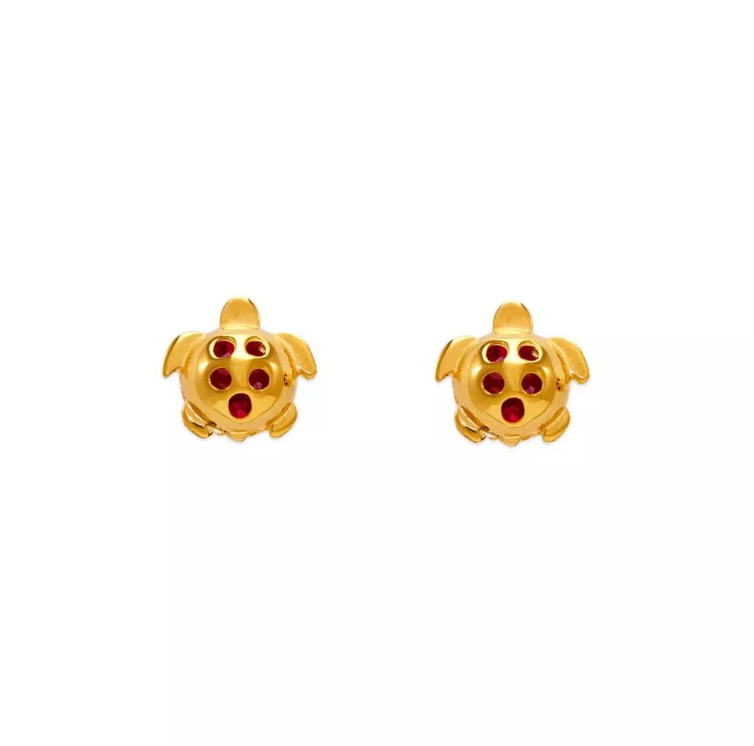 NEW 14K YELLOW GOLD SMALL RED TURTLE CZ STUD EARRINGS: NEW 14K YELLOW GOLD SMALL RED TURTLE CZ STUD EARRINGS 14K Yellow Gold Approx. 7x7mm Cubic Zirconia Screw Backing Available Colors: Green, Light Blue, Pink, Purple Weight: 2.0 Grams