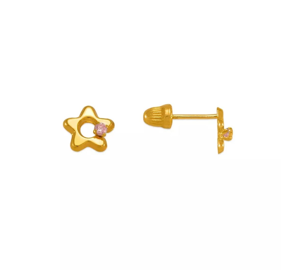 NEW 14K YELLOW GOLD PINK STAR CZ STUD EARRINGS: NEW 14K YELLOW GOLD PINK STAR CZ STUD EARRINGS 14K Yellow Gold Approx. 5.5mm High Polished/Cubic Zirconia Screw Backing Available in 5.5mm-7.5mm Available in Red and White Cubic Zirconia Weight: 2.0 G