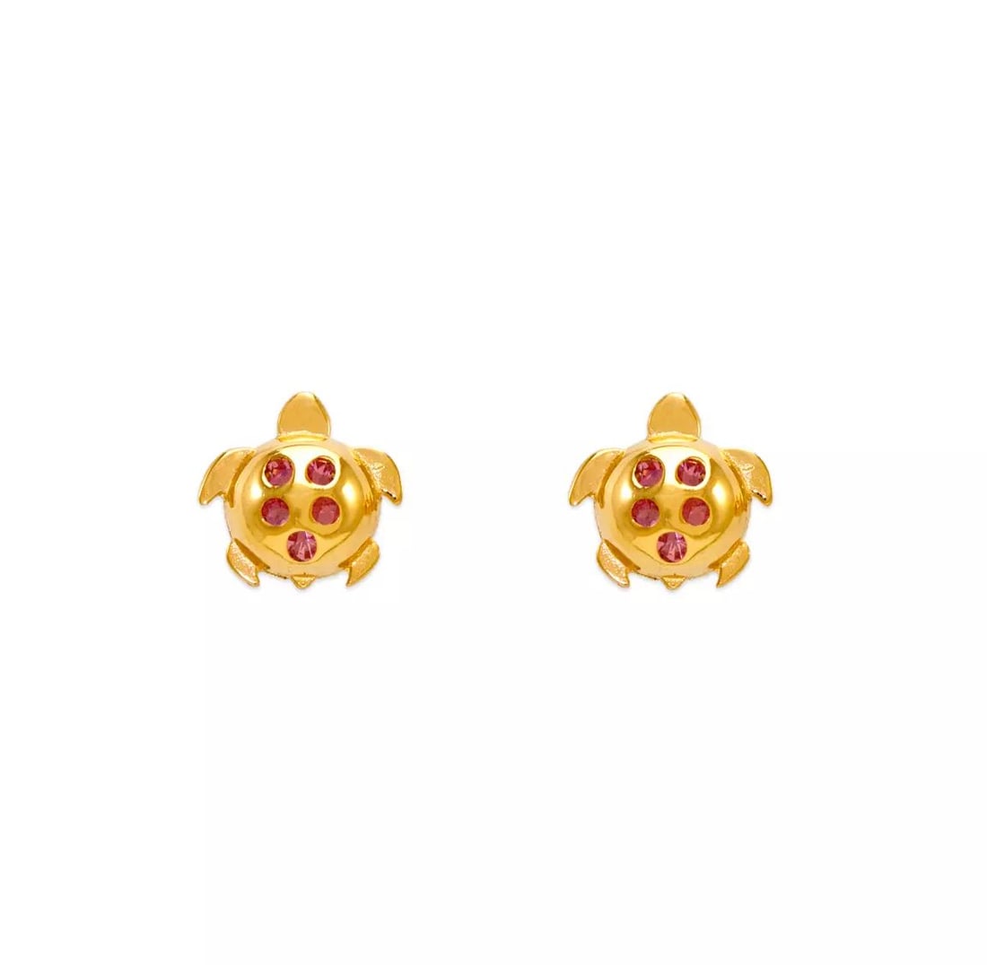 NEW 14K YELLOW GOLD SMALL PINK TURTLE CZ STUD EARRINGS: NEW 14K YELLOW GOLD SMALL PINK TURTLE CZ STUD EARRINGS 14K Yellow Gold Approx. 7x7mm Cubic Zirconia Screw Backing Available Colors: Green, Light Blue, Purple, Red Weight: 2.0 Grams
